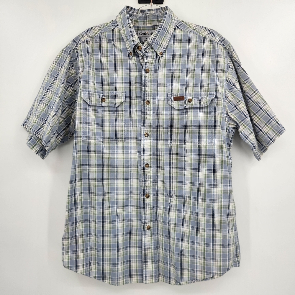 Carhartt Short Sleeve Button Front Shirt Mens Size Large Blue Plaid Pockets